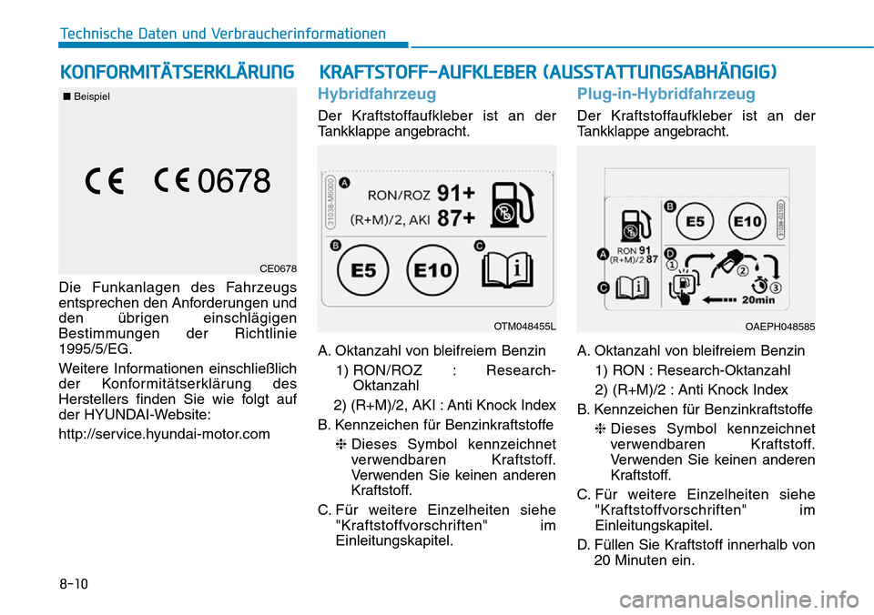 Hyundai Ioniq Plug-in Hybrid 2019 Betriebsanleitung (in German) KONFORMITÄTSERKLÄRUNG
8-10
Technische Daten und Verbraucherinformationen
Die Funkanlagen des Fahrzeugs
entsprechen den Anforderungen und
den übrigen einschlägigen
Bestimmungen der Richtlinie
1995/ Hyundai Ioniq Plug-in Hybrid 2019 Betriebsanleitung (in German) KONFORMITÄTSERKLÄRUNG
8-10
Technische Daten und Verbraucherinformationen
Die Funkanlagen des Fahrzeugs
entsprechen den Anforderungen und
den übrigen einschlägigen
Bestimmungen der Richtlinie
1995/