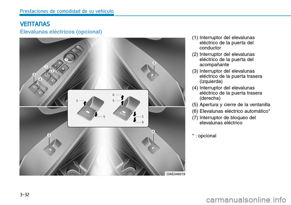 Hyundai Ioniq Plug-in Hybrid 2019  Manual del propietario (in Spanish) 3-32
Prestaciones de comodidad de su vehículo 
(1) Interruptor del elevalunas
eléctrico de la puerta del
conductor
(2) Interruptor del elevalunas
eléctrico de la puerta del
acompañante
(3) Interru