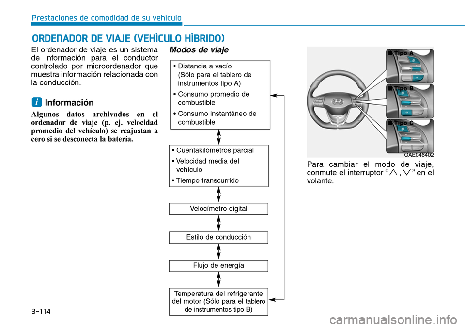 Hyundai Ioniq Plug-in Hybrid 2019 Manual del propietario (in Spanish) 3-114
Prestaciones de comodidad de su vehículo
ORDENADOR DE VIAJE (VEHÍCULO HÍBRIDO)
El ordenador de viaje es un sistema
de información para el conductor
controlado por microordenador que
muestra Hyundai Ioniq Plug-in Hybrid 2019 Manual del propietario (in Spanish) 3-114
Prestaciones de comodidad de su vehículo
ORDENADOR DE VIAJE (VEHÍCULO HÍBRIDO)
El ordenador de viaje es un sistema
de información para el conductor
controlado por microordenador que
muestra