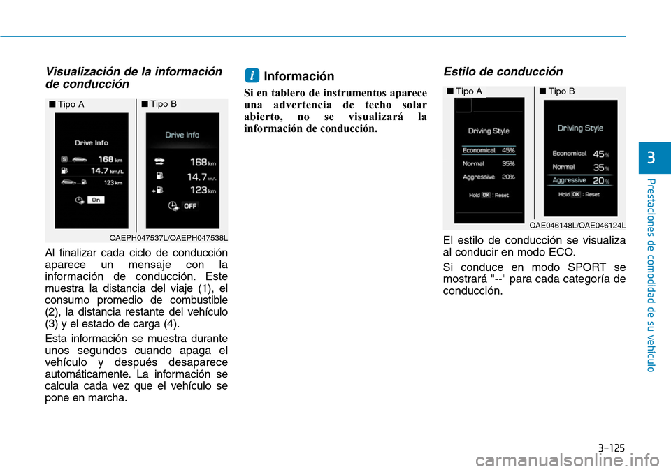 Hyundai Ioniq Plug-in Hybrid 2019 Manual del propietario (in Spanish) 3-125
Prestaciones de comodidad de su vehículo
3
Visualización de la información
de conducción
Al finalizar cada ciclo de conducción
aparece un mensaje con la
información de conducción. Este
m Hyundai Ioniq Plug-in Hybrid 2019 Manual del propietario (in Spanish) 3-125
Prestaciones de comodidad de su vehículo
3
Visualización de la información
de conducción
Al finalizar cada ciclo de conducción
aparece un mensaje con la
información de conducción. Este
m