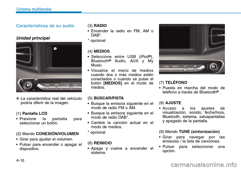 Hyundai Ioniq Plug-in Hybrid 2019 Manual del propietario (in Spanish) 4-10
Sistema multimedia
Características de su audio
Unidad principal
❈La característica real del vehículo
podría diferir de la imagen.
(1) Pantalla LCD
• Presione la pantalla para
seleccionar Hyundai Ioniq Plug-in Hybrid 2019 Manual del propietario (in Spanish) 4-10
Sistema multimedia
Características de su audio
Unidad principal
❈La característica real del vehículo
podría diferir de la imagen.
(1) Pantalla LCD
• Presione la pantalla para
seleccionar