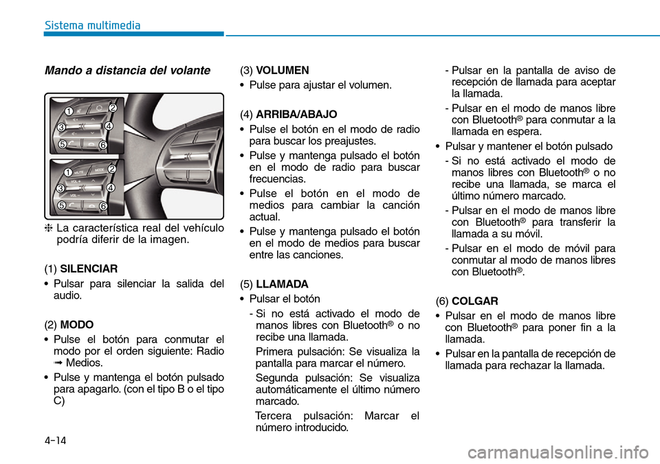 Hyundai Ioniq Plug-in Hybrid 2019 Manual del propietario (in Spanish) 4-14
Sistema multimedia
Mando a distancia del volante
❈La característica real del vehículo
podría diferir de la imagen.
(1) SILENCIAR
• Pulsar para silenciar la salida del
audio.
(2) MODO
• P Hyundai Ioniq Plug-in Hybrid 2019 Manual del propietario (in Spanish) 4-14
Sistema multimedia
Mando a distancia del volante
❈La característica real del vehículo
podría diferir de la imagen.
(1) SILENCIAR
• Pulsar para silenciar la salida del
audio.
(2) MODO
• P