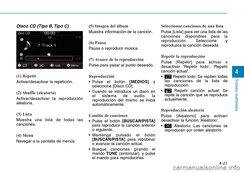 Hyundai Ioniq Plug-in Hybrid 2019 Manual del propietario (in Spanish) 4-21
Sistema multimedia
4
Disco CD (Tipo B, Tipo C)
(1) Repetir
Activar/desactivar la repetición.
(2) Shuffle (aleatorio)
Activar/desactivar la reproducción
aleatoria.
(3) Lista
Muestra una lista de Hyundai Ioniq Plug-in Hybrid 2019 Manual del propietario (in Spanish) 4-21
Sistema multimedia
4
Disco CD (Tipo B, Tipo C)
(1) Repetir
Activar/desactivar la repetición.
(2) Shuffle (aleatorio)
Activar/desactivar la reproducción
aleatoria.
(3) Lista
Muestra una lista de