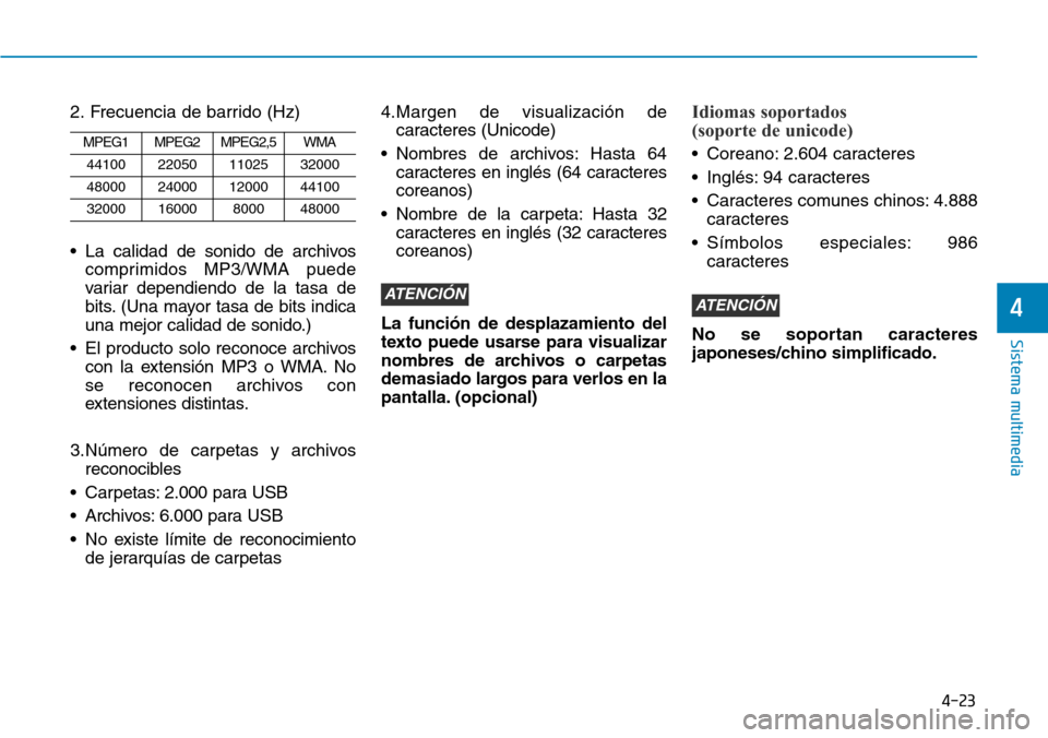 Hyundai Ioniq Plug-in Hybrid 2019 Manual del propietario (in Spanish) 4-23
Sistema multimedia
4
2. Frecuencia de barrido (Hz)
• La calidad de sonido de archivos
comprimidos MP3/WMA puede
variar dependiendo de la tasa de
bits. (Una mayor tasa de bits indica
una mejor c Hyundai Ioniq Plug-in Hybrid 2019 Manual del propietario (in Spanish) 4-23
Sistema multimedia
4
2. Frecuencia de barrido (Hz)
• La calidad de sonido de archivos
comprimidos MP3/WMA puede
variar dependiendo de la tasa de
bits. (Una mayor tasa de bits indica
una mejor c