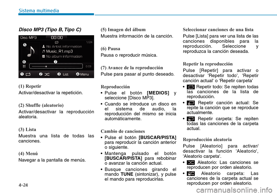 Hyundai Ioniq Plug-in Hybrid 2019 Manual del propietario (in Spanish) 4-24
Sistema multimedia
Disco MP3 (Tipo B, Tipo C)
(1) Repetir
Activar/desactivar la repetición.
(2) Shuffle (aleatorio)
Activar/desactivar la reproducción
aleatoria.
(3) Lista
Muestra una lista de Hyundai Ioniq Plug-in Hybrid 2019 Manual del propietario (in Spanish) 4-24
Sistema multimedia
Disco MP3 (Tipo B, Tipo C)
(1) Repetir
Activar/desactivar la repetición.
(2) Shuffle (aleatorio)
Activar/desactivar la reproducción
aleatoria.
(3) Lista
Muestra una lista de