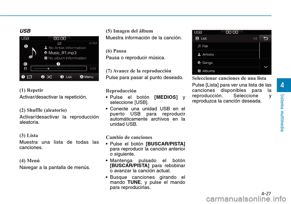 Hyundai Ioniq Plug-in Hybrid 2019 Manual del propietario (in Spanish) 4-27
Sistema multimedia
4
USB
(1) Repetir
Activar/desactivar la repetición.
(2) Shuffle (aleatorio)
Activar/desactivar la reproducción
aleatoria.
(3) Lista
Muestra una lista de todas las
canciones.
Hyundai Ioniq Plug-in Hybrid 2019 Manual del propietario (in Spanish) 4-27
Sistema multimedia
4
USB
(1) Repetir
Activar/desactivar la repetición.
(2) Shuffle (aleatorio)
Activar/desactivar la reproducción
aleatoria.
(3) Lista
Muestra una lista de todas las
canciones.