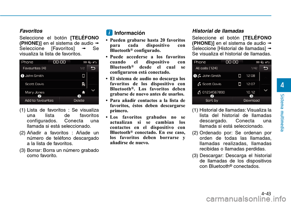 Hyundai Ioniq Plug-in Hybrid 2019  Manual del propietario (in Spanish) 4-43
Sistema multimedia
4
Favoritos
Seleccione el botón[TELÉFONO
(PHONE)]en el sistema de audio ➟
Seleccione [Favoritos] ➟Se
visualiza la lista de favoritos.
(1) Lista de favoritos : Se visualiz