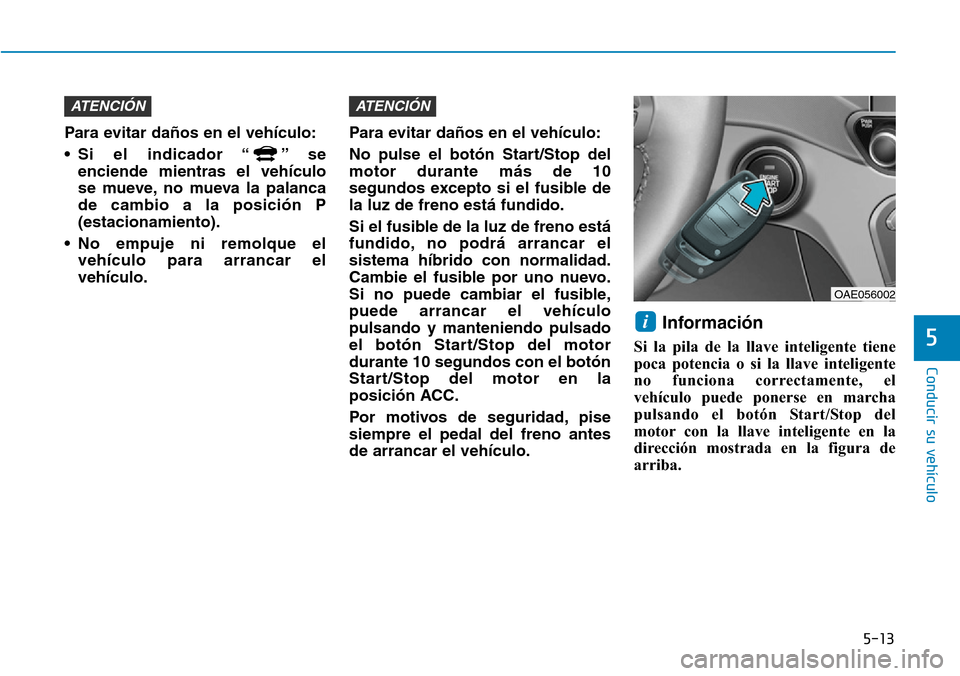 Hyundai Ioniq Plug-in Hybrid 2019  Manual del propietario (in Spanish) 5-13
Conducir su vehículo
5
Para evitar daños en el vehículo:
• Si el indicador “ ” se
enciende mientras el vehículo
se mueve, no mueva la palanca
de cambio a la posición P
(estacionamiento