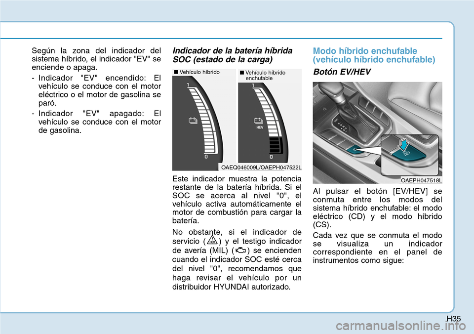 Hyundai Ioniq Plug-in Hybrid 2019  Manual del propietario (in Spanish) H35
Según la zona del indicador del
sistema híbrido, el indicador "EV" se
enciende o apaga.
- Indicador "EV" encendido: El
vehículo se conduce con el motor
eléctrico o el motor de gasolina se
par