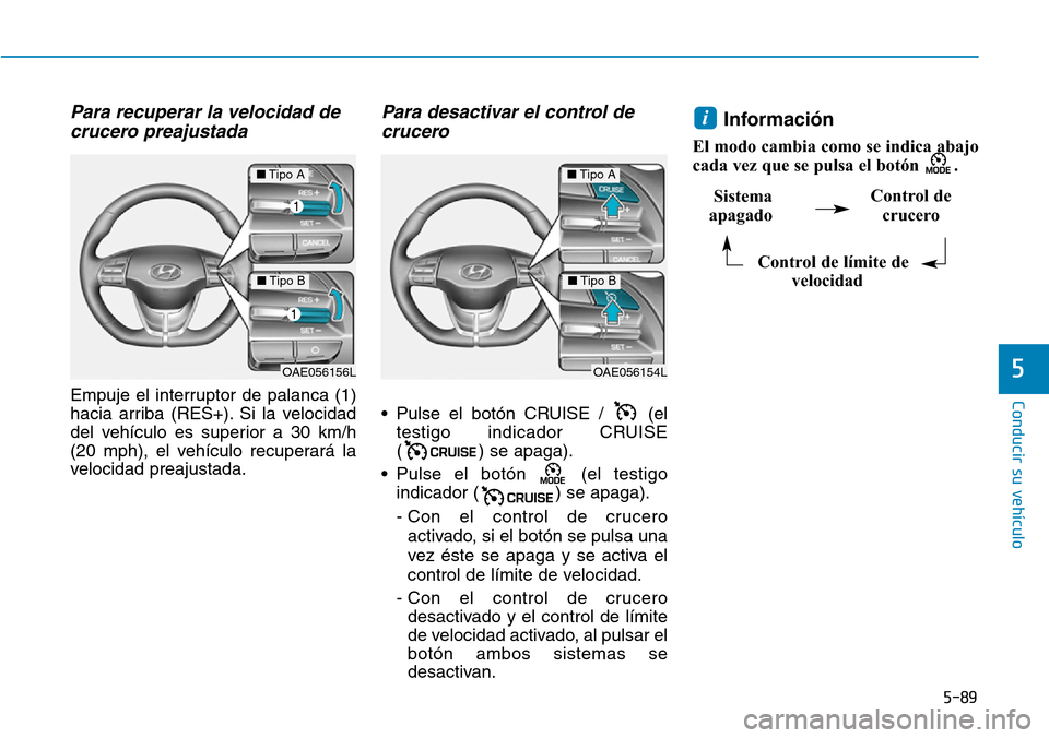 Hyundai Ioniq Plug-in Hybrid 2019 Manual del propietario (in Spanish) 5-89
Conducir su vehículo
5
Para recuperar la velocidad de
crucero preajustada
Empuje el interruptor de palanca (1)
hacia arriba (RES+). Si la velocidad
del vehículo es superior a 30 km/h
(20 mph), Hyundai Ioniq Plug-in Hybrid 2019 Manual del propietario (in Spanish) 5-89
Conducir su vehículo
5
Para recuperar la velocidad de
crucero preajustada
Empuje el interruptor de palanca (1)
hacia arriba (RES+). Si la velocidad
del vehículo es superior a 30 km/h
(20 mph),