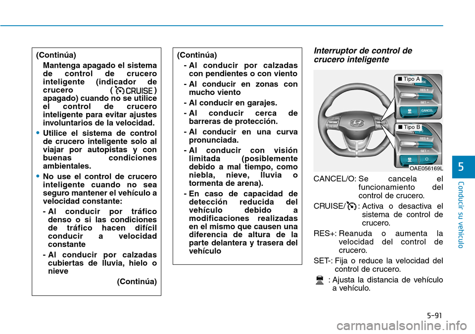 Hyundai Ioniq Plug-in Hybrid 2019 Manual del propietario (in Spanish) 5-91
Conducir su vehículo
5
Interruptor de control de
crucero inteligente
CANCEL/O: Se cancela el
funcionamiento del
control de crucero.
CRUISE/ : Activa o desactiva el
sistema de control de
crucero. Hyundai Ioniq Plug-in Hybrid 2019 Manual del propietario (in Spanish) 5-91
Conducir su vehículo
5
Interruptor de control de
crucero inteligente
CANCEL/O: Se cancela el
funcionamiento del
control de crucero.
CRUISE/ : Activa o desactiva el
sistema de control de
crucero.
