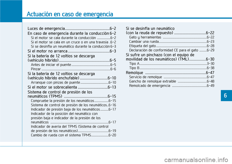 Hyundai Ioniq Plug-in Hybrid 2019 Manual del propietario (in Spanish) Actuación en caso de emergencia
Luces de emergencia.............................................6-2
En caso de emergencia durante la conducción 6-2
Si el motor se cala durante la conducción ...... Hyundai Ioniq Plug-in Hybrid 2019 Manual del propietario (in Spanish) Actuación en caso de emergencia
Luces de emergencia.............................................6-2
En caso de emergencia durante la conducción 6-2
Si el motor se cala durante la conducción ......