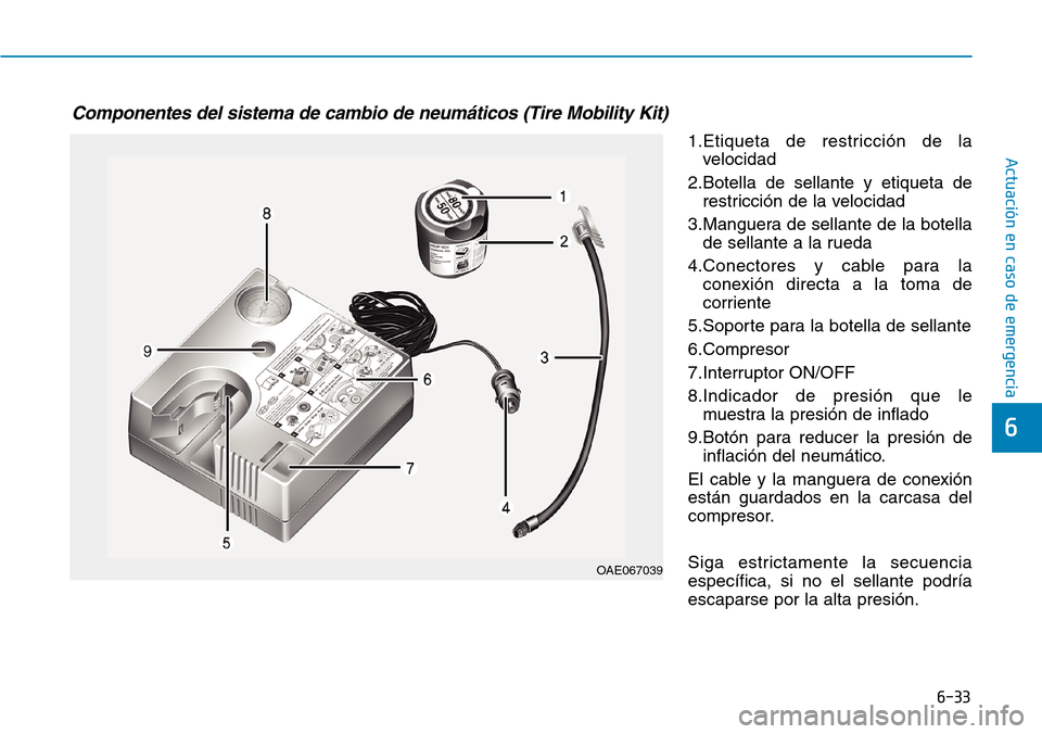 Hyundai Ioniq Plug-in Hybrid 2019 Manual del propietario (in Spanish) 6-33
Actuación en caso de emergencia
6
1.Etiqueta de restricción de la
velocidad
2.Botella de sellante y etiqueta de
restricción de la velocidad
3.Manguera de sellante de la botella
de sellante a Hyundai Ioniq Plug-in Hybrid 2019 Manual del propietario (in Spanish) 6-33
Actuación en caso de emergencia
6
1.Etiqueta de restricción de la
velocidad
2.Botella de sellante y etiqueta de
restricción de la velocidad
3.Manguera de sellante de la botella
de sellante a