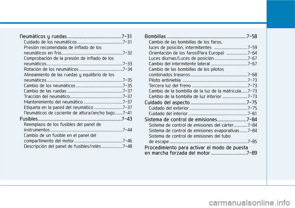 Hyundai Ioniq Plug-in Hybrid 2019 Manual del propietario (in Spanish) Neumáticos y ruedas ...........................................7-31
Cuidado de los neumáticos ...........................................7-31
Presión recomendada de inflado de los
neumáticos en f Hyundai Ioniq Plug-in Hybrid 2019 Manual del propietario (in Spanish) Neumáticos y ruedas ...........................................7-31
Cuidado de los neumáticos ...........................................7-31
Presión recomendada de inflado de los
neumáticos en f
