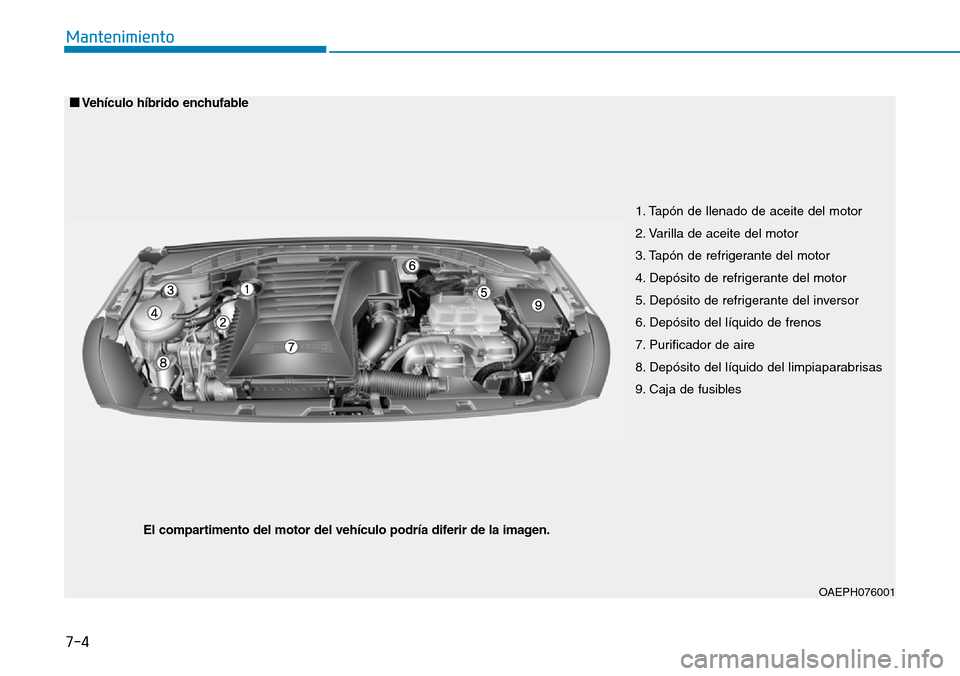 Hyundai Ioniq Plug-in Hybrid 2019 Manual del propietario (in Spanish) 7-4
Mantenimiento
1. Tapón de llenado de aceite del motor
2. Varilla de aceite del motor
3. Tapón de refrigerante del motor
4. Depósito de refrigerante del motor
5. Depósito de refrigerante del in Hyundai Ioniq Plug-in Hybrid 2019 Manual del propietario (in Spanish) 7-4
Mantenimiento
1. Tapón de llenado de aceite del motor
2. Varilla de aceite del motor
3. Tapón de refrigerante del motor
4. Depósito de refrigerante del motor
5. Depósito de refrigerante del in