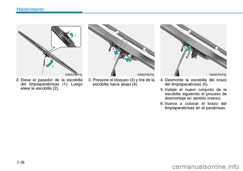 Hyundai Ioniq Plug-in Hybrid 2019  Manual del propietario (in Spanish) 7-26
Mantenimiento
2. Eleve el pasador de la escobilla
del limpiaparabrisas (1). Luego
eleve la escobilla (2).3. Presione el bloqueo (3) y tire de la
escobilla hacia abajo (4).4. Desmonte la escobilla