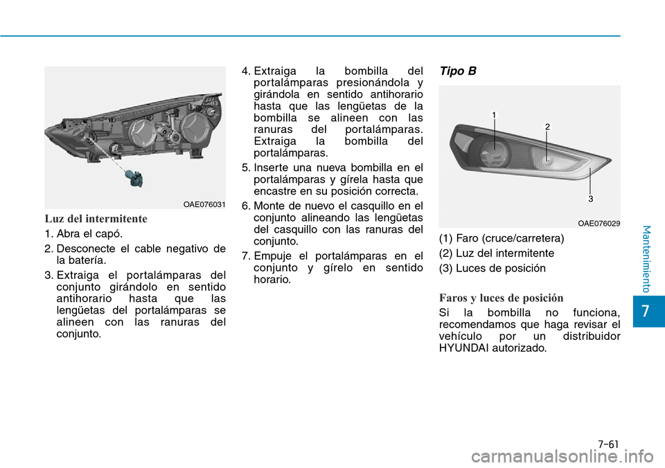 Hyundai Ioniq Plug-in Hybrid 2019 Manual del propietario (in Spanish) 7-61
7
MantenimientoLuz del intermitente
1. Abra el capó.
2. Desconecte el cable negativo de
la batería.
3. Extraiga el portalámparas del
conjunto girándolo en sentido
antihorario hasta que las
le Hyundai Ioniq Plug-in Hybrid 2019 Manual del propietario (in Spanish) 7-61
7
MantenimientoLuz del intermitente
1. Abra el capó.
2. Desconecte el cable negativo de
la batería.
3. Extraiga el portalámparas del
conjunto girándolo en sentido
antihorario hasta que las
le