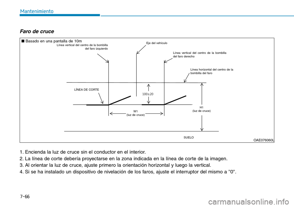 Hyundai Ioniq Plug-in Hybrid 2019  Manual del propietario (in Spanish) 7-66
Mantenimiento
Faro de cruce 
1. Encienda la luz de cruce sin el conductor en el interior.
2. La línea de corte debería proyectarse en la zona indicada en la línea de corte de la imagen.
3. Al 