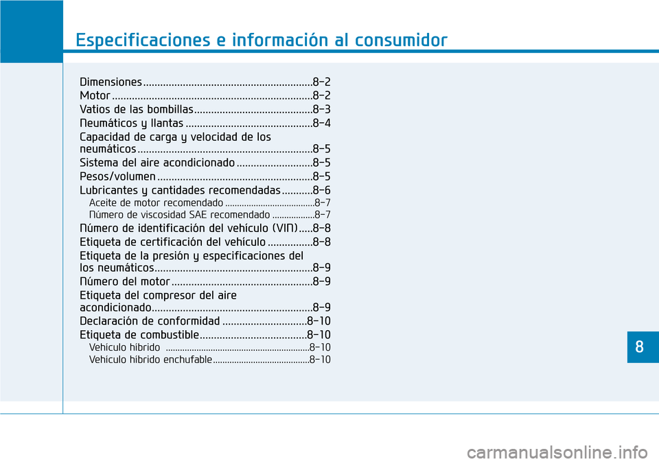 Hyundai Ioniq Plug-in Hybrid 2019 Manual del propietario (in Spanish) 8
Especificaciones e información al consumidor
8
Especificaciones e información al consumidor
8
Dimensiones ............................................................8-2
Motor .................... Hyundai Ioniq Plug-in Hybrid 2019 Manual del propietario (in Spanish) 8
Especificaciones e información al consumidor
8
Especificaciones e información al consumidor
8
Dimensiones ............................................................8-2
Motor ....................