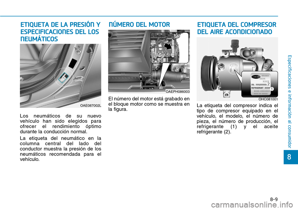 Hyundai Ioniq Plug-in Hybrid 2019  Manual del propietario (in Spanish) 8-9
8
Especificaciones e información al consumidor
Los neumáticos de su nuevo
vehículo han sido elegidos para
ofrecer el rendimiento óptimo
durante la conducción normal.
La etiqueta del neumátic