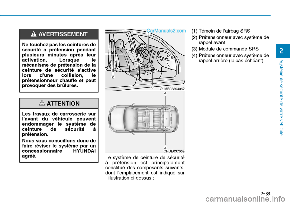 Hyundai Ioniq Plug-in Hybrid 2019 Manuel du propriétaire (in French) 2-33
Système de sécurité de votre véhicule
2
Le système de ceinture de sécurité
à prétension est principalement
constitué des composants suivants,
dont lemplacement est indiqué sur
lill Hyundai Ioniq Plug-in Hybrid 2019 Manuel du propriétaire (in French) 2-33
Système de sécurité de votre véhicule
2
Le système de ceinture de sécurité
à prétension est principalement
constitué des composants suivants,
dont lemplacement est indiqué sur
lill