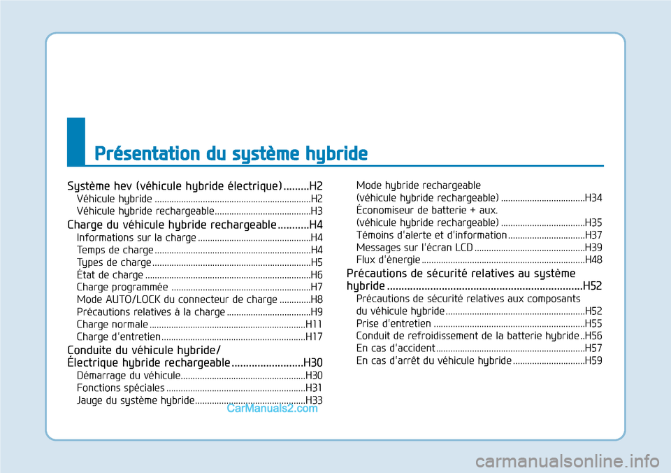 Hyundai Ioniq Plug-in Hybrid 2019  Manuel du propriétaire (in French) Système hev (véhicule hybride électrique) .........H2
Véhicule hybride .................................................................H2
Véhicule hybride rechargeable...........................