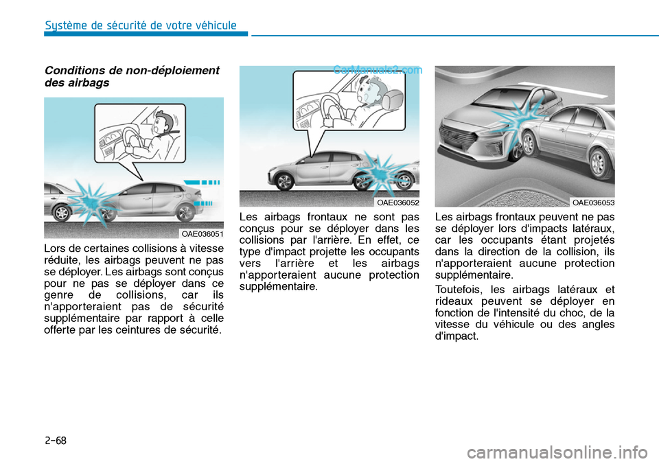 Hyundai Ioniq Plug-in Hybrid 2019 Manuel du propriétaire (in French) 2-68
Système de sécurité de votre véhicule
Conditions de non-déploiement
des airbags
Lors de certaines collisions à vitesse
réduite, les airbags peuvent ne pas
se déployer. Les airbags sont Hyundai Ioniq Plug-in Hybrid 2019 Manuel du propriétaire (in French) 2-68
Système de sécurité de votre véhicule
Conditions de non-déploiement
des airbags
Lors de certaines collisions à vitesse
réduite, les airbags peuvent ne pas
se déployer. Les airbags sont