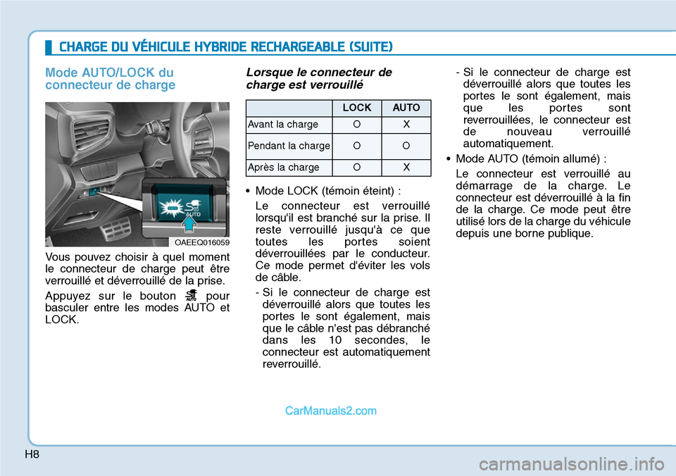 Hyundai Ioniq Plug-in Hybrid 2019 Manuel du propriétaire (in French) H8
Mode AUTO/LOCK du
connecteur de charge
Vous pouvez choisir à quel moment
le connecteur de charge peut être
verrouillé et déverrouillé de la prise.
Appuyez sur le bouton pour
basculer entre le Hyundai Ioniq Plug-in Hybrid 2019 Manuel du propriétaire (in French) H8
Mode AUTO/LOCK du
connecteur de charge
Vous pouvez choisir à quel moment
le connecteur de charge peut être
verrouillé et déverrouillé de la prise.
Appuyez sur le bouton pour
basculer entre le