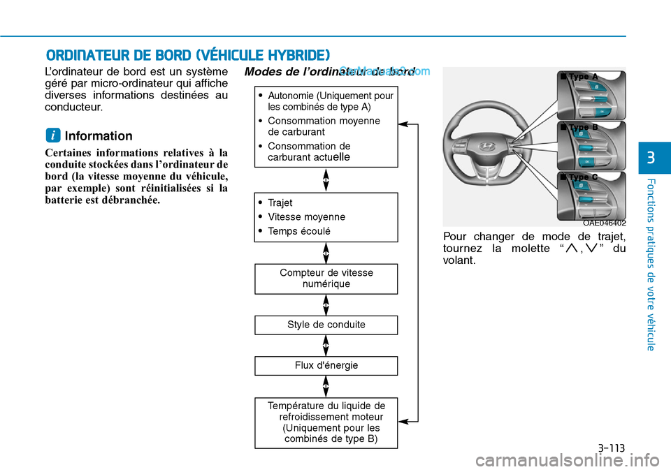 Hyundai Ioniq Plug-in Hybrid 2019 Manuel du propriétaire (in French) 3-113
Fonctions pratiques de votre véhicule
3
ORDINATEUR DE BORD (VÉHICULE HYBRIDE)
L’ordinateur de bord est un système
géré par micro-ordinateur qui affiche
diverses informations destinées a Hyundai Ioniq Plug-in Hybrid 2019 Manuel du propriétaire (in French) 3-113
Fonctions pratiques de votre véhicule
3
ORDINATEUR DE BORD (VÉHICULE HYBRIDE)
L’ordinateur de bord est un système
géré par micro-ordinateur qui affiche
diverses informations destinées a