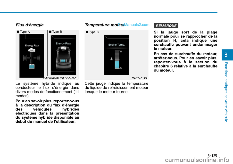 Hyundai Ioniq Plug-in Hybrid 2019 Manuel du propriétaire (in French) 3-125
Fonctions pratiques de votre véhicule
3
Flux dénergie
Le système hybride indique au
conducteur le flux dénergie dans
divers modes de fonctionnement (11
modes).
Pour en savoir plus, report Hyundai Ioniq Plug-in Hybrid 2019 Manuel du propriétaire (in French) 3-125
Fonctions pratiques de votre véhicule
3
Flux dénergie
Le système hybride indique au
conducteur le flux dénergie dans
divers modes de fonctionnement (11
modes).
Pour en savoir plus, report
