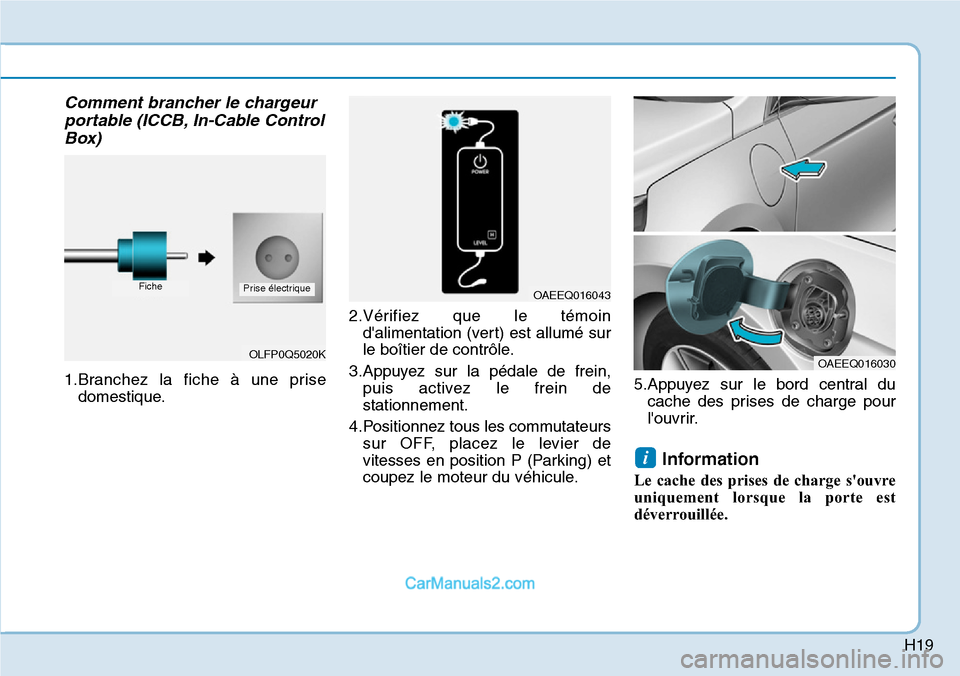 Hyundai Ioniq Plug-in Hybrid 2019  Manuel du propriétaire (in French) H19
Comment brancher le chargeur
portable (ICCB, In-Cable Control
Box)
1.Branchez la fiche à une prise
domestique.2.Vérifiez que le témoin
dalimentation (vert) est allumé sur
le boîtier de contr