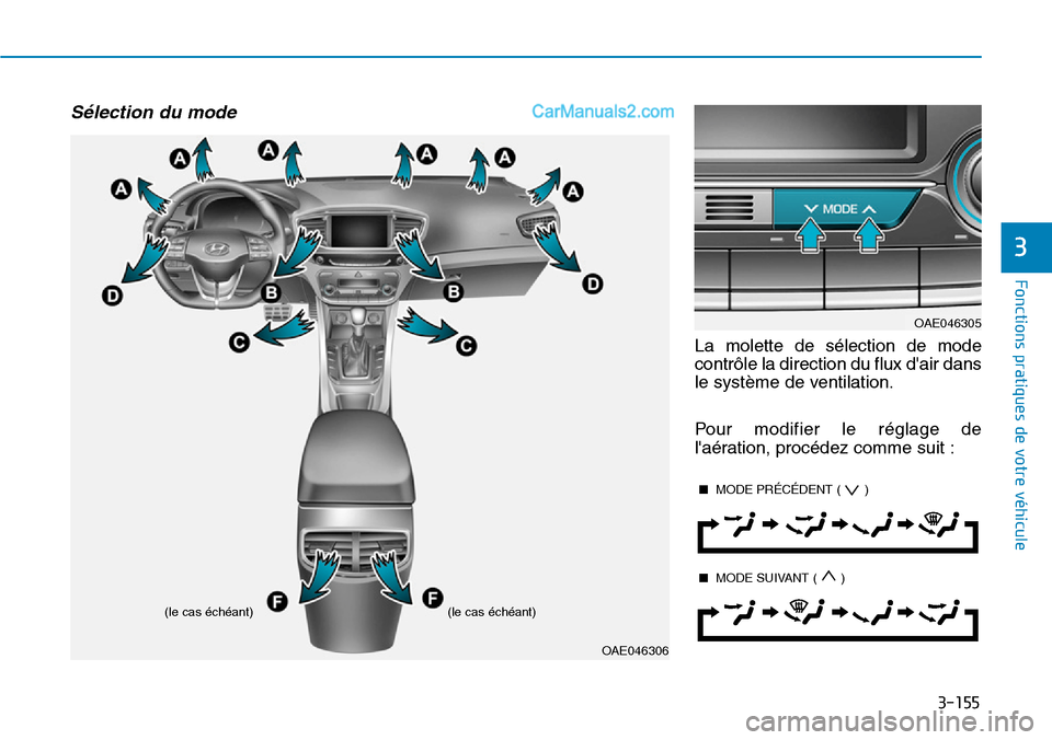 Hyundai Ioniq Plug-in Hybrid 2019 Manuel du propriétaire (in French) 3-155
Fonctions pratiques de votre véhicule
3
Sélection du mode
La molette de sélection de mode
contrôle la direction du flux dair dans
le système de ventilation.
Pour modifier le réglage de
l Hyundai Ioniq Plug-in Hybrid 2019 Manuel du propriétaire (in French) 3-155
Fonctions pratiques de votre véhicule
3
Sélection du mode
La molette de sélection de mode
contrôle la direction du flux dair dans
le système de ventilation.
Pour modifier le réglage de
l