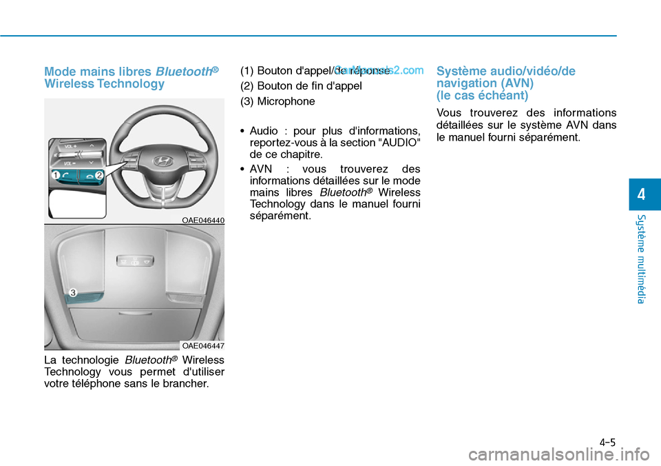 Hyundai Ioniq Plug-in Hybrid 2019  Manuel du propriétaire (in French) Mode mains libres Bluetooth®
Wireless Technology 
La technologie Bluetooth®Wireless
Technology vous permet dutiliser
votre téléphone sans le brancher.(1) Bouton dappel/de réponse
(2) Bouton de 