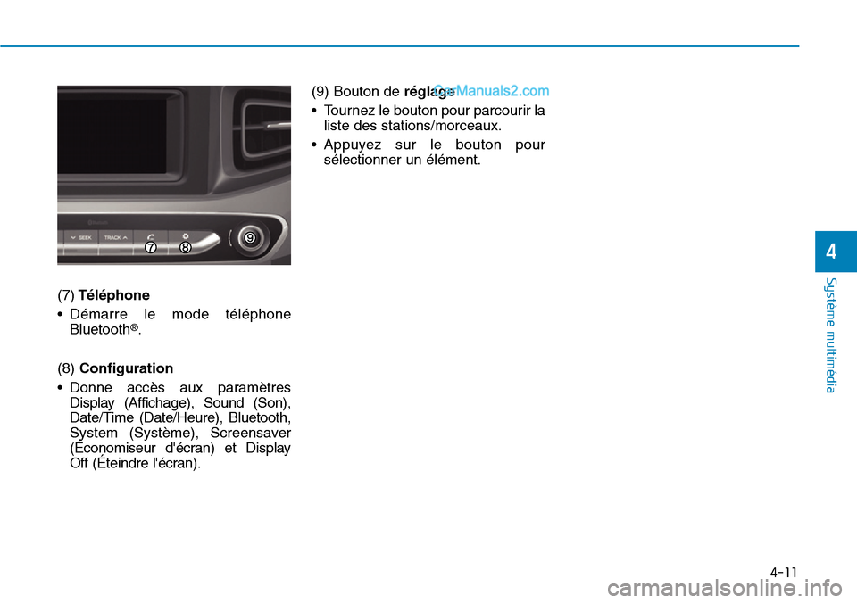 Hyundai Ioniq Plug-in Hybrid 2019  Manuel du propriétaire (in French) 4-11
Système multimédia 
4
(7)Téléphone
• Démarre le mode téléphone
Bluetooth
®.
(8) Configuration
• Donne accès aux paramètres
Display (Affichage), Sound (Son),
Date/Time (Date/Heure), 