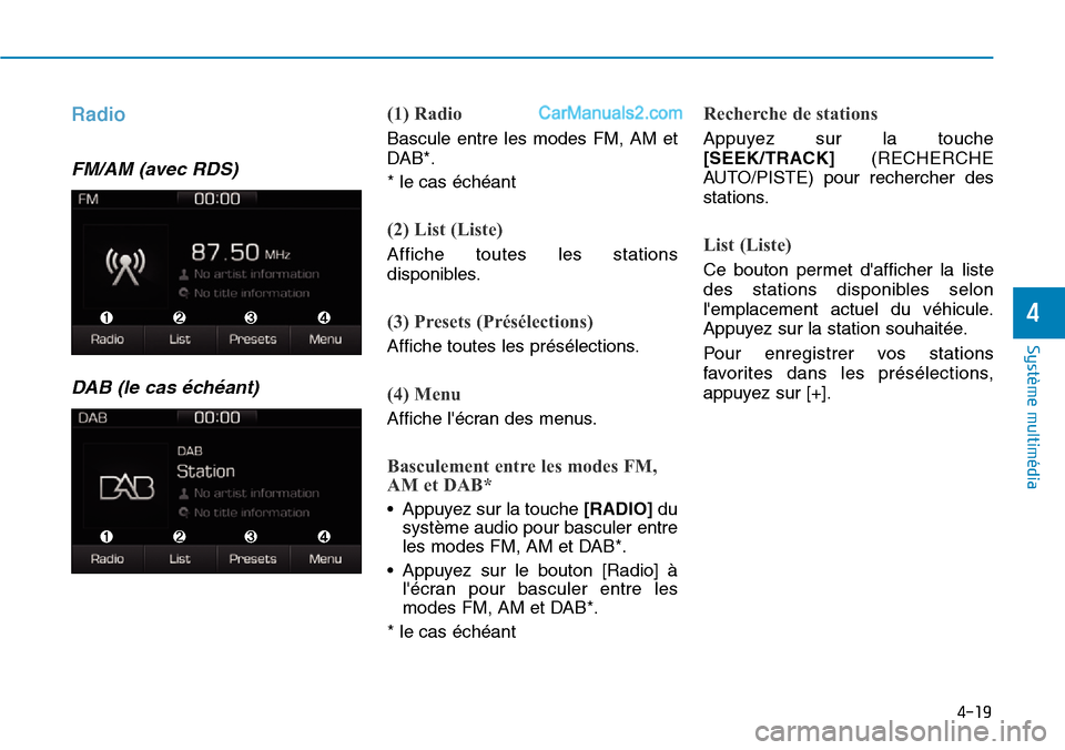Hyundai Ioniq Plug-in Hybrid 2019  Manuel du propriétaire (in French) 4-19
Système multimédia 
4
Radio
FM/AM (avec RDS)
DAB (le cas échéant)
(1) Radio
Bascule entre les modes FM, AM et
DAB*.
* le cas échéant
(2) List (Liste)
Affiche toutes les stations
disponibles