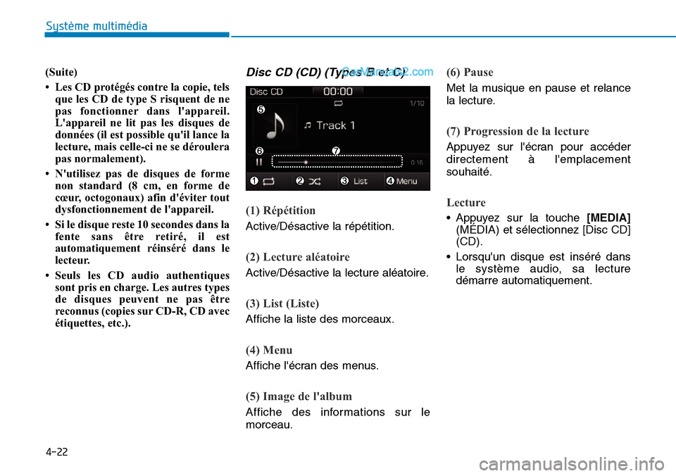 Hyundai Ioniq Plug-in Hybrid 2019  Manuel du propriétaire (in French) 4-22
Système multimédia 
(Suite)
• Les CD protégés contre la copie, tels
que les CD de type S risquent de ne
pas fonctionner dans lappareil.
Lappareil ne lit pas les disques de
données (il es