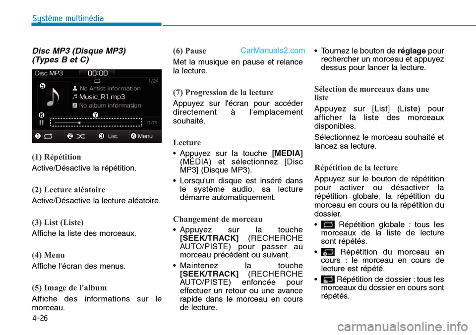 Hyundai Ioniq Plug-in Hybrid 2019  Manuel du propriétaire (in French) 4-26
Système multimédia 
Disc MP3 (Disque MP3) 
(Types B et C)
(1) Répétition
Active/Désactive la répétition.
(2) Lecture aléatoire
Active/Désactive la lecture aléatoire.
(3) List (Liste)
Af