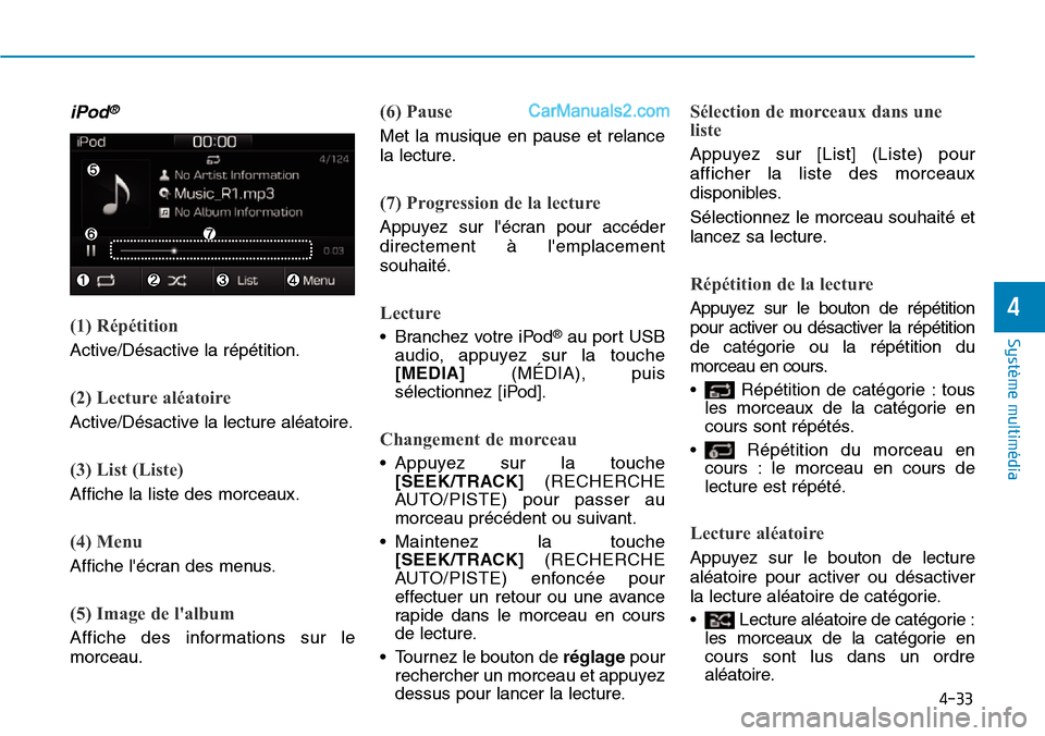 Hyundai Ioniq Plug-in Hybrid 2019  Manuel du propriétaire (in French) 4-33
Système multimédia 
4
iPod®
(1) Répétition
Active/Désactive la répétition.
(2) Lecture aléatoire
Active/Désactive la lecture aléatoire.
(3) List (Liste)
Affiche la liste des morceaux.
