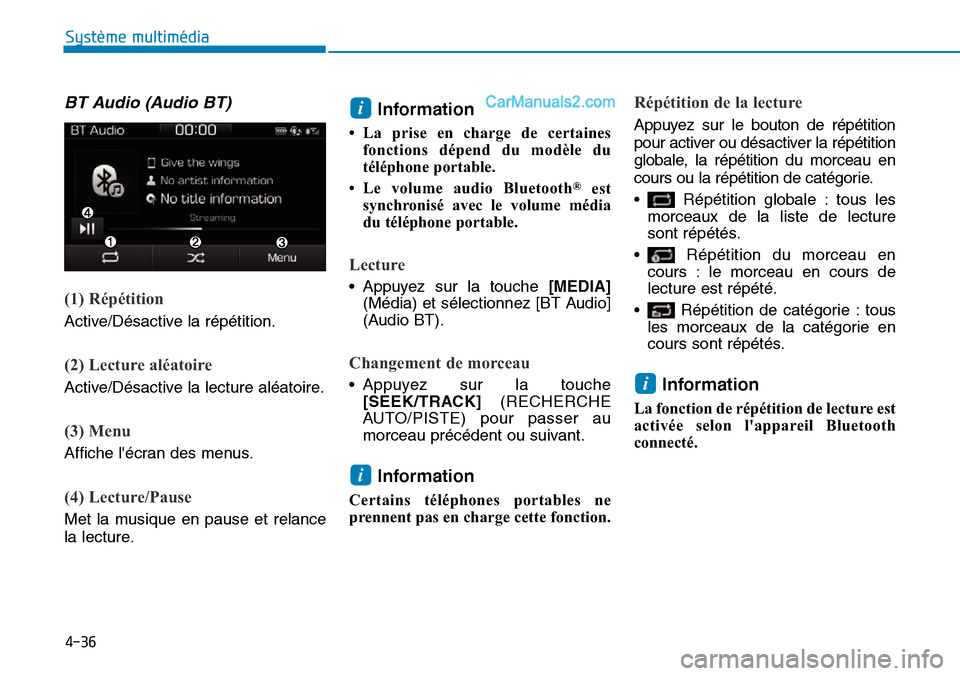 Hyundai Ioniq Plug-in Hybrid 2019  Manuel du propriétaire (in French) 4-36
Système multimédia 
BT Audio (Audio BT)
(1) Répétition
Active/Désactive la répétition.
(2) Lecture aléatoire
Active/Désactive la lecture aléatoire.
(3) Menu
Affiche lécran des menus.

