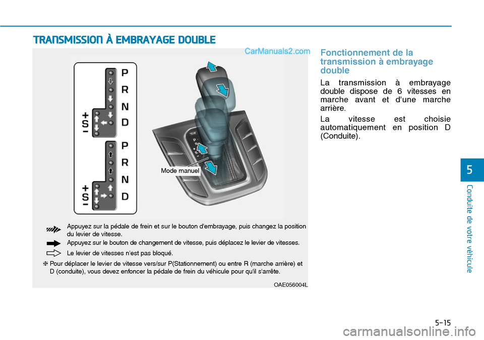 Hyundai Ioniq Plug-in Hybrid 2019  Manuel du propriétaire (in French) 5-15
Conduite de votre véhicule
5
TRANSMISSION À EMBRAYAGE DOUBLE 
OAE056004L
Mode manuel
Le levier de vitesses nest pas bloqué. Appuyez sur la pédale de frein et sur le bouton dembrayage, puis 