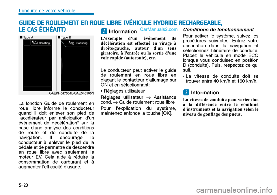 Hyundai Ioniq Plug-in Hybrid 2019  Manuel du propriétaire (in French) 5-28
La fonction Guide de roulement en
roue libre informe le conducteur
quand il doit enlever son pied de
laccélérateur par anticipation dun
événement de décélération* sur la
base dune analy