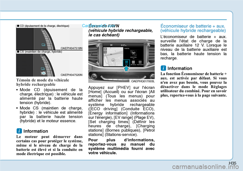 Hyundai Ioniq Plug-in Hybrid 2019  Manuel du propriétaire (in French) H35
Témoin de mode du véhicule
hybride rechargeable  
• Mode CD (épuisement de la
charge, électrique) : le véhicule est
alimenté par la batterie haute
tension (hybride).
• Mode CS (maintien 