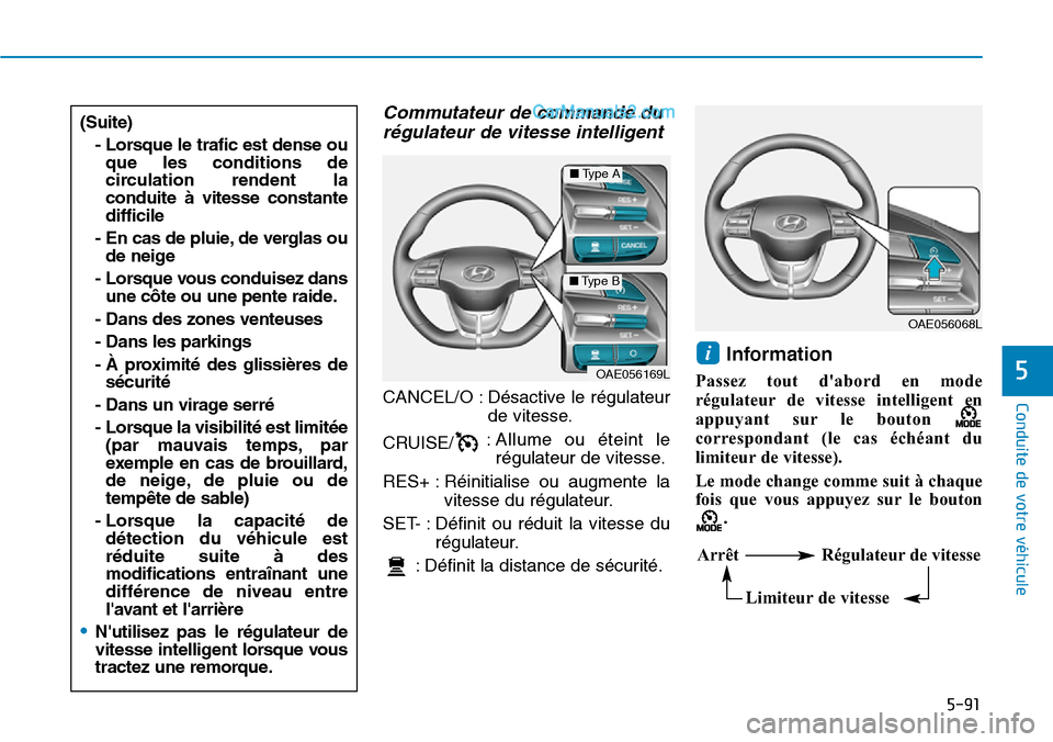 Hyundai Ioniq Plug-in Hybrid 2019  Manuel du propriétaire (in French) 5-91
Conduite de votre véhicule
5
Commutateur de commande du
régulateur de vitesse intelligent
CANCEL/O : Désactive le régulateur
de vitesse.
CRUISE/: Allume ou éteint le
régulateur de vitesse.

