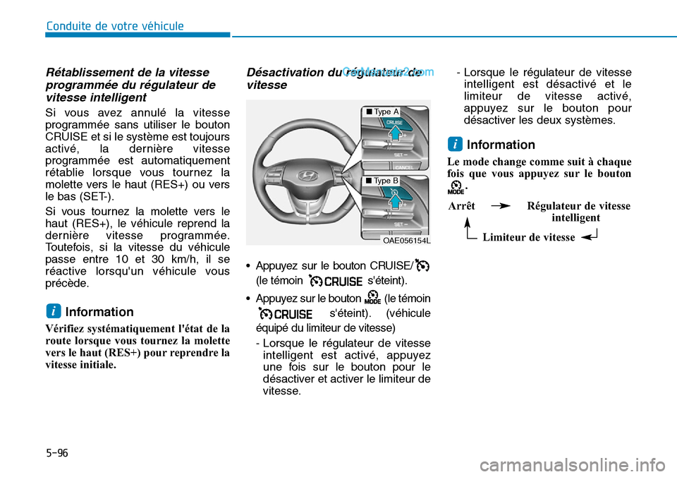 Hyundai Ioniq Plug-in Hybrid 2019  Manuel du propriétaire (in French) 5-96
Conduite de votre véhicule
Rétablissement de la vitesse
programmée du régulateur de
vitesse intelligent
Si vous avez annulé la vitesse
programmée sans utiliser le bouton
CRUISE et si le sys