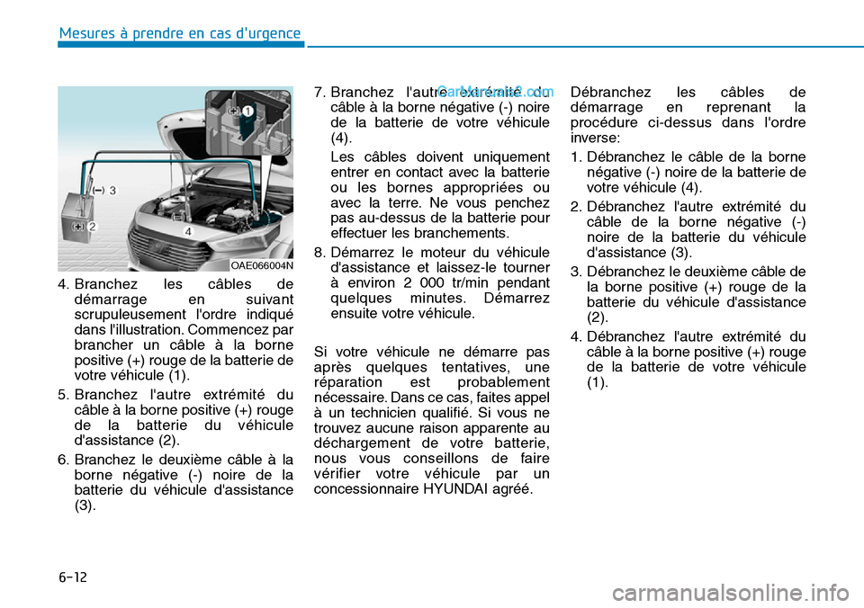 Hyundai Ioniq Plug-in Hybrid 2019  Manuel du propriétaire (in French) 6-12
Mesures à prendre en cas durgence 
4. Branchez les câbles de
démarrage en suivant
scrupuleusement lordre indiqué
dans lillustration. Commencez par
brancher un câble à la borne
positive (