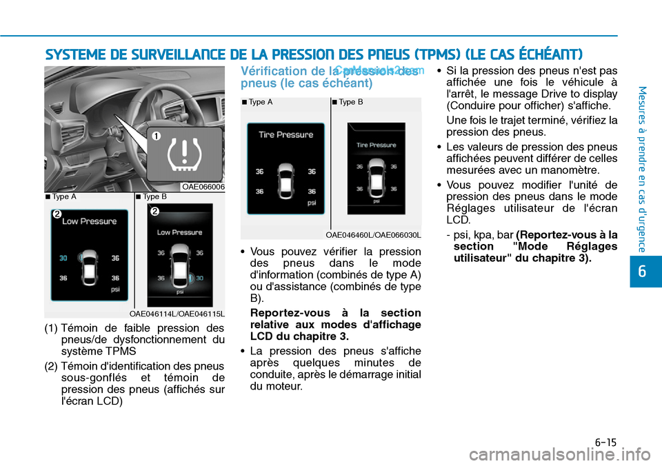 Hyundai Ioniq Plug-in Hybrid 2019  Manuel du propriétaire (in French) 6-15
Mesures à prendre en cas durgence 
6
(1) Témoin de faible pression des
pneus/de dysfonctionnement du
système TPMS
(2) Témoin didentification des pneus
sous-gonflés et témoin de
pression d