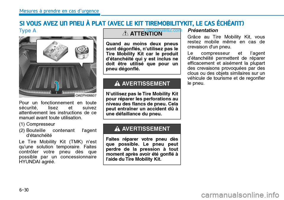 Hyundai Ioniq Plug-in Hybrid 2019  Manuel du propriétaire (in French) 6-30
Mesures à prendre en cas durgence 
Type A
Pour un fonctionnement en toute
sécurité, lisez et suivez
attentivement les instructions de ce
manuel avant toute utilisation.
(1) Compresseur
(2) Bo