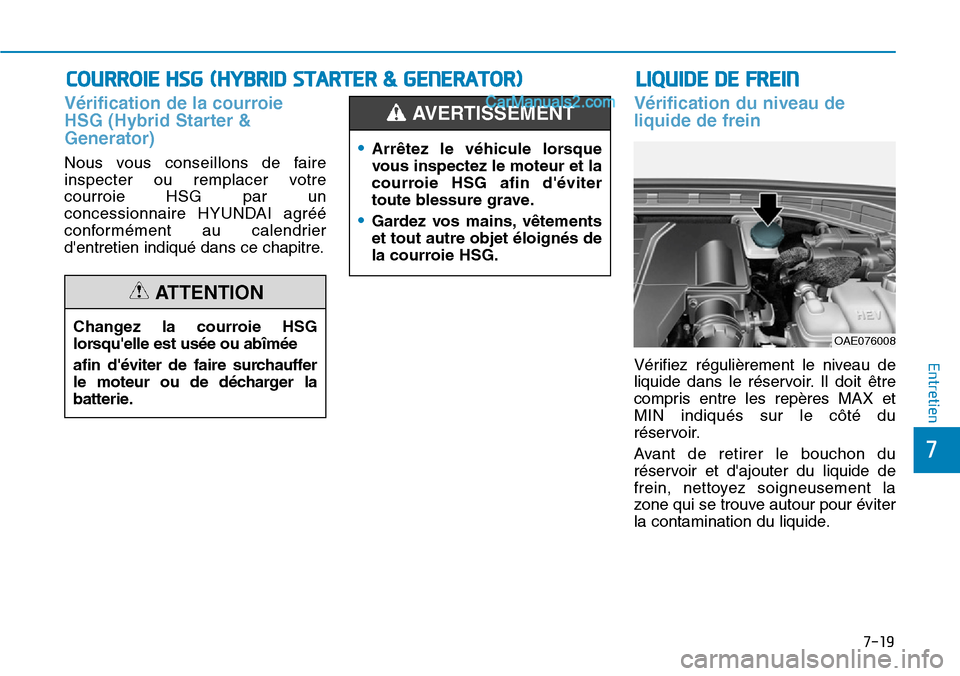 Hyundai Ioniq Plug-in Hybrid 2019  Manuel du propriétaire (in French) 7-19
7
Entretien
LIQUIDE DE FREIN COURROIE HSG (HYBRID STARTER & GENERATOR)
Vérification de la courroie
HSG (Hybrid Starter &
Generator)
Nous vous conseillons de faire
inspecter ou remplacer votre
co