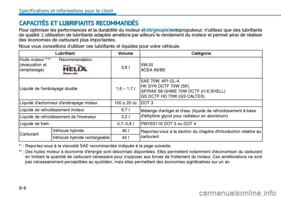 Hyundai Ioniq Plug-in Hybrid 2019 Manuel du propriétaire (in French) 8-6
Spécifications et informations pour le client
CAPACITÉS ET LUBRIFIANTS RECOMMANDÉS
Pour optimiser les performances et la durabilité du moteur et du groupe motopropulseur, nutilisez que des lu Hyundai Ioniq Plug-in Hybrid 2019 Manuel du propriétaire (in French) 8-6
Spécifications et informations pour le client
CAPACITÉS ET LUBRIFIANTS RECOMMANDÉS
Pour optimiser les performances et la durabilité du moteur et du groupe motopropulseur, nutilisez que des lu