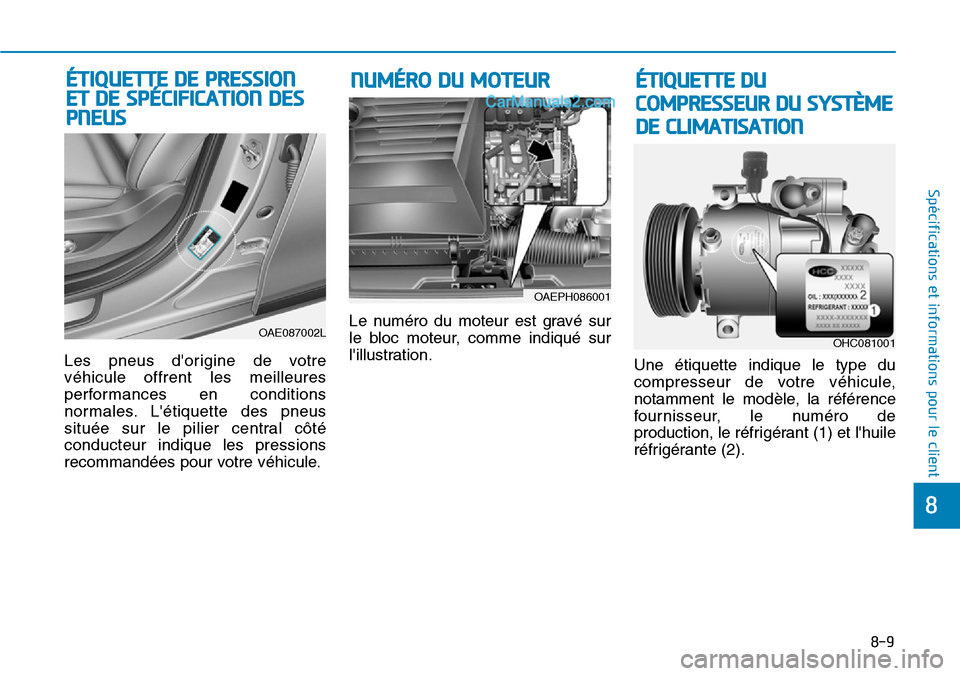 Hyundai Ioniq Plug-in Hybrid 2019 Manuel du propriétaire (in French) 8-9
8
Spécifications et informations pour le client
Les pneus dorigine de votre
véhicule offrent les meilleures
performances en conditions
normales. Létiquette des pneus
située sur le pilier cen Hyundai Ioniq Plug-in Hybrid 2019 Manuel du propriétaire (in French) 8-9
8
Spécifications et informations pour le client
Les pneus dorigine de votre
véhicule offrent les meilleures
performances en conditions
normales. Létiquette des pneus
située sur le pilier cen